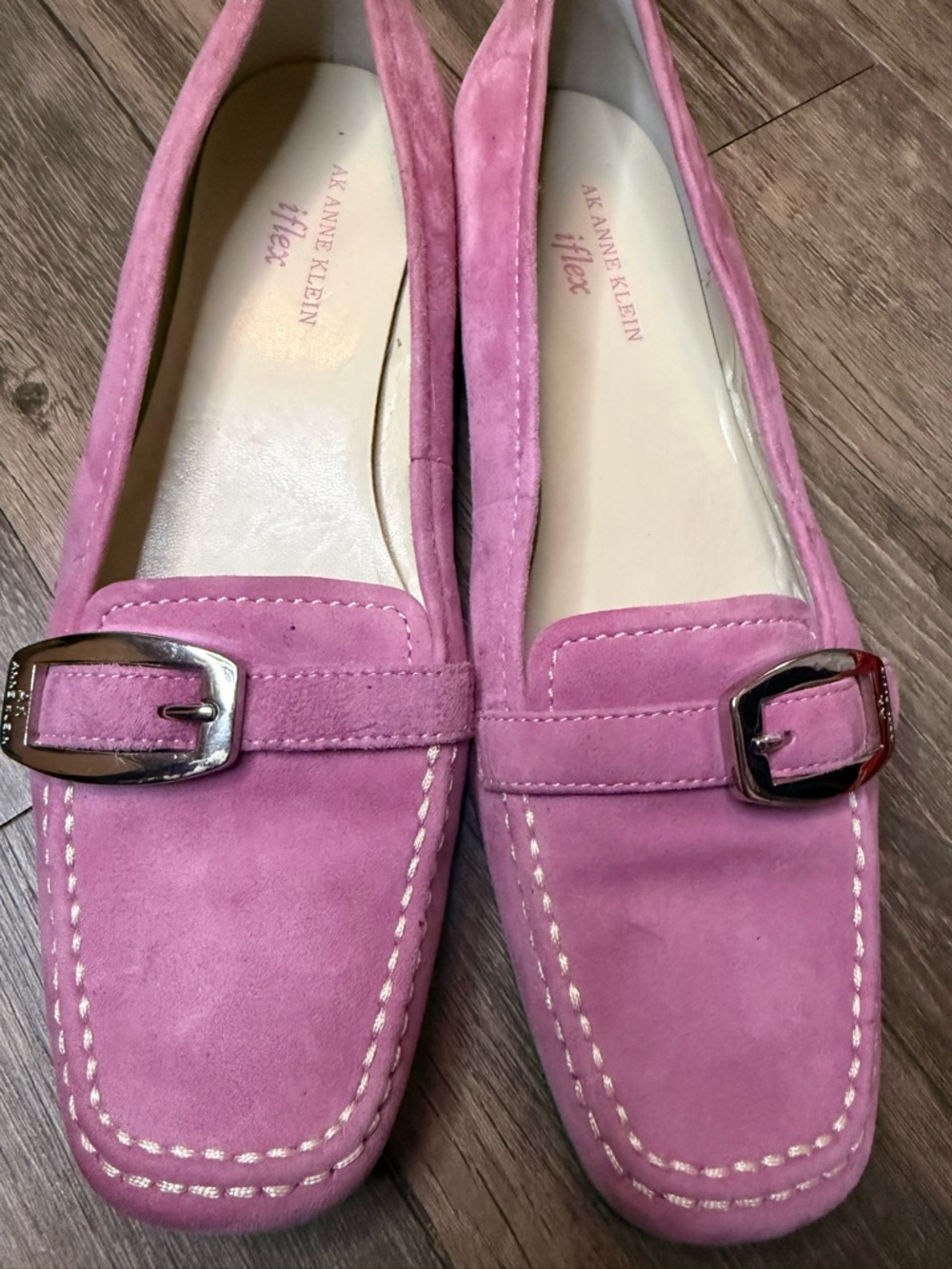 Anne Klein Pink Suede Loafers with Buckle Accent - Picture 3 of 9